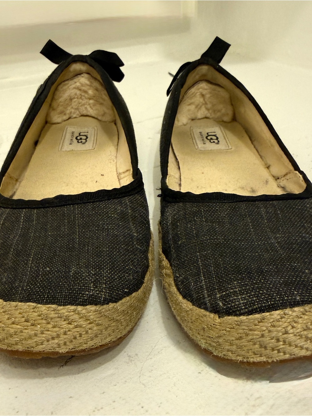 UGG Black Espadrille Flats with Jute Trim and Shearling Lining